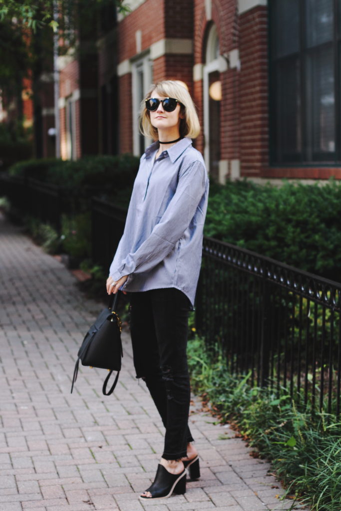 oversized button-down and distressed jeans