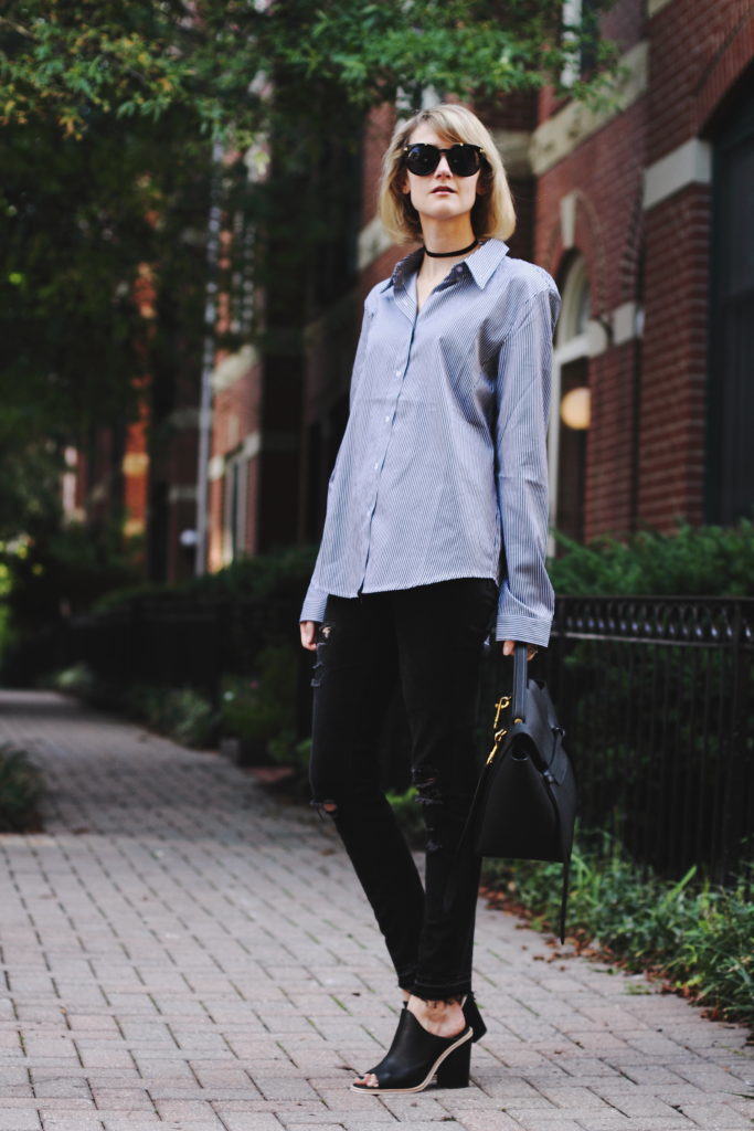 oversized button-down and distressed jeans