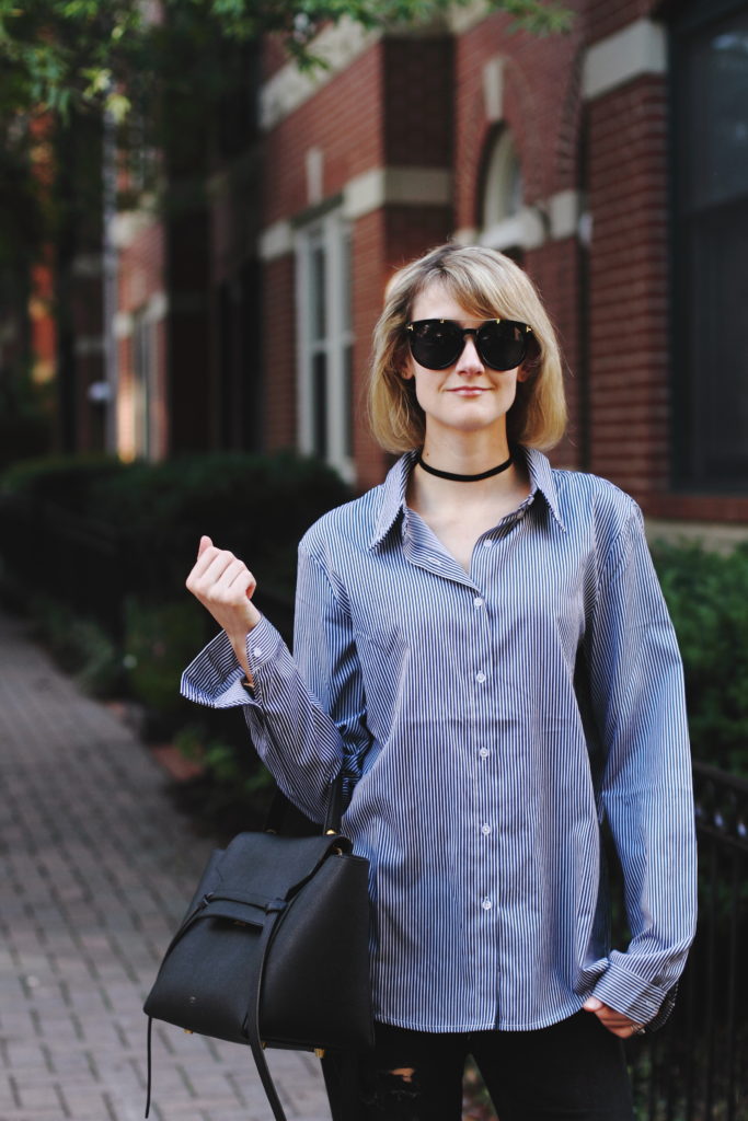 oversized button-down and Celine belt bag