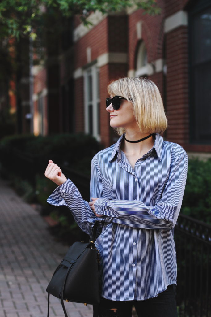 oversized button-down and Celine belt bag