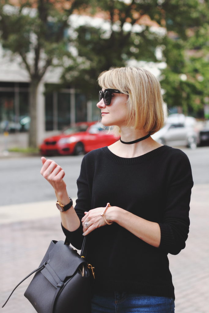 choker, Express sweater and Celine bag