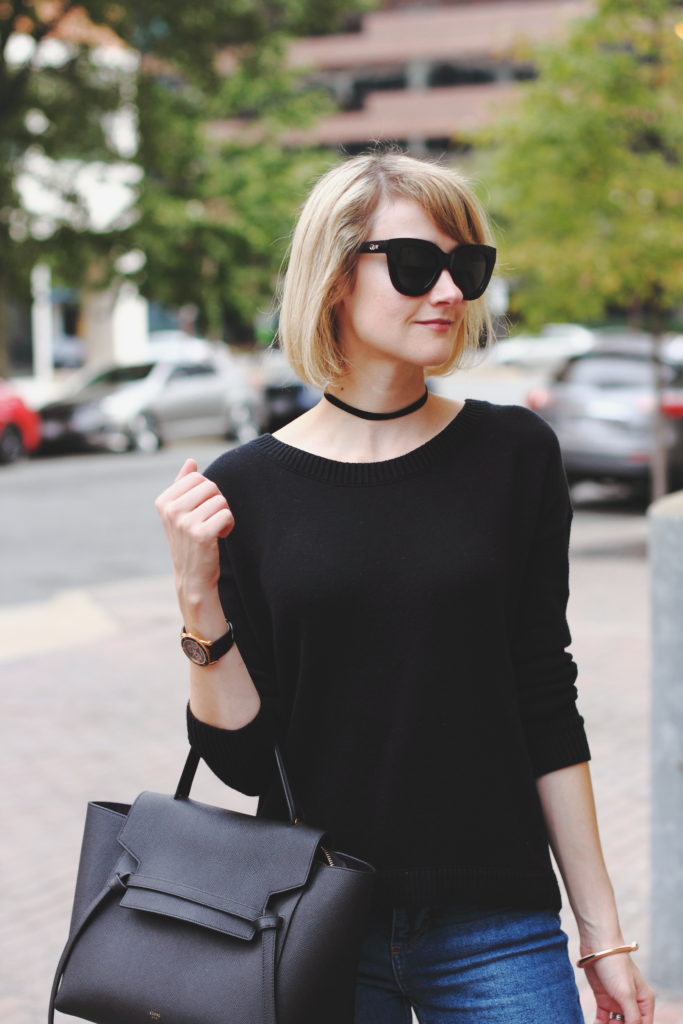 choker, Express sweater and Celine bag