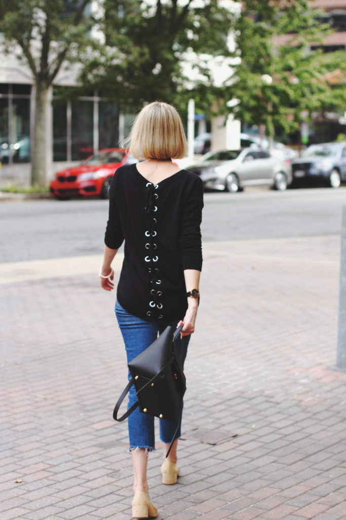 Express lace-up sweater, Topshop denim & Celine bag