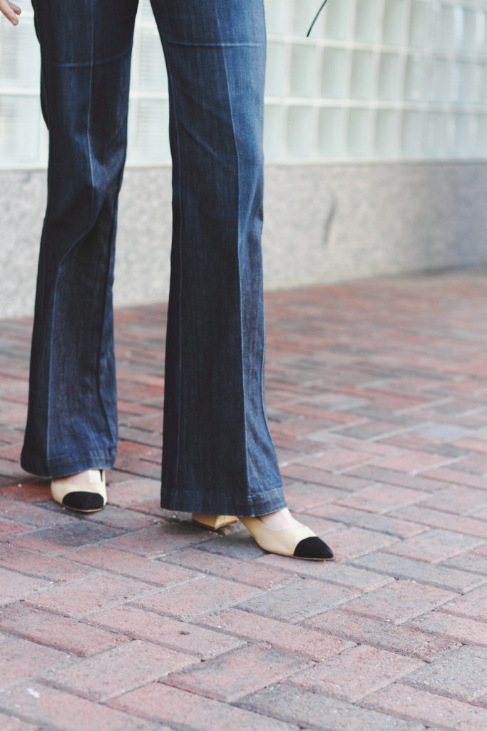 tailored denim and cap-toe heels