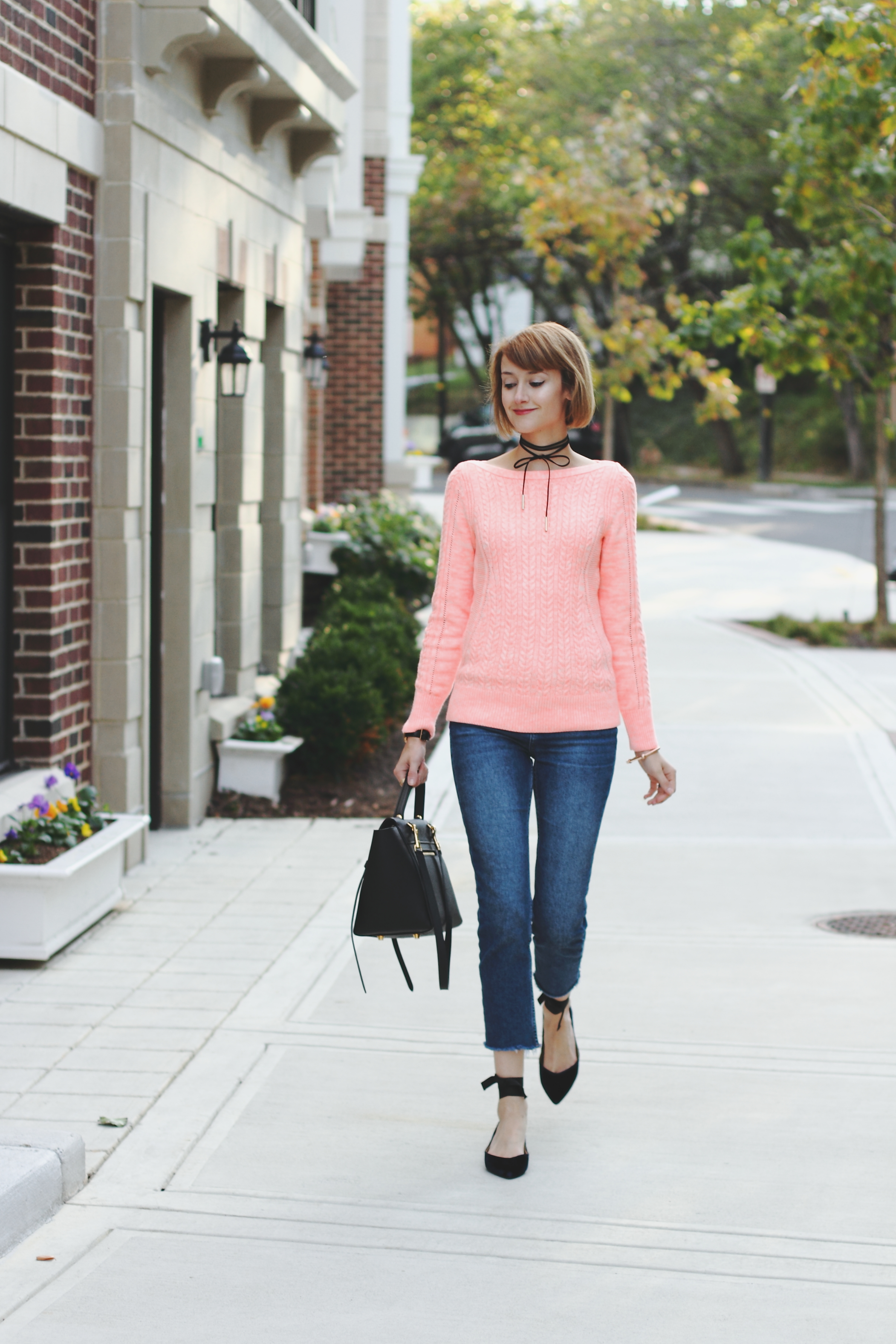 Banana Republic pink sweater and velvet flats