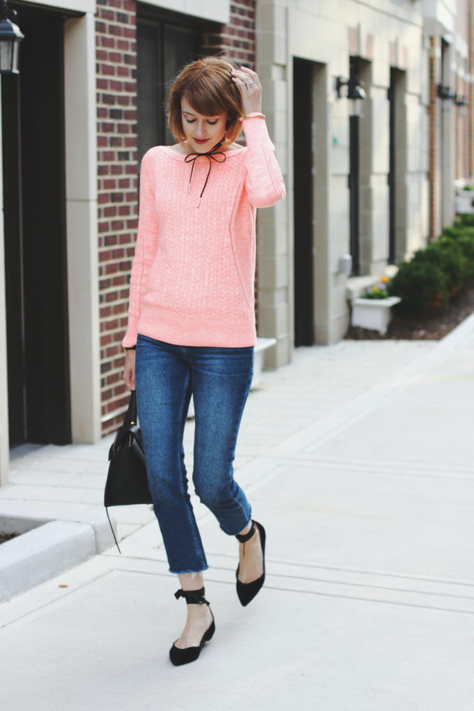 Banana Republic pink sweater and velvet flats