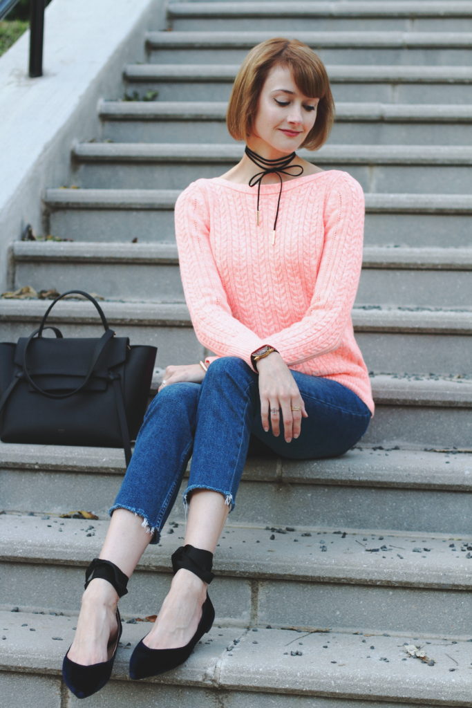 Banana Republic pink sweater and velvet flats