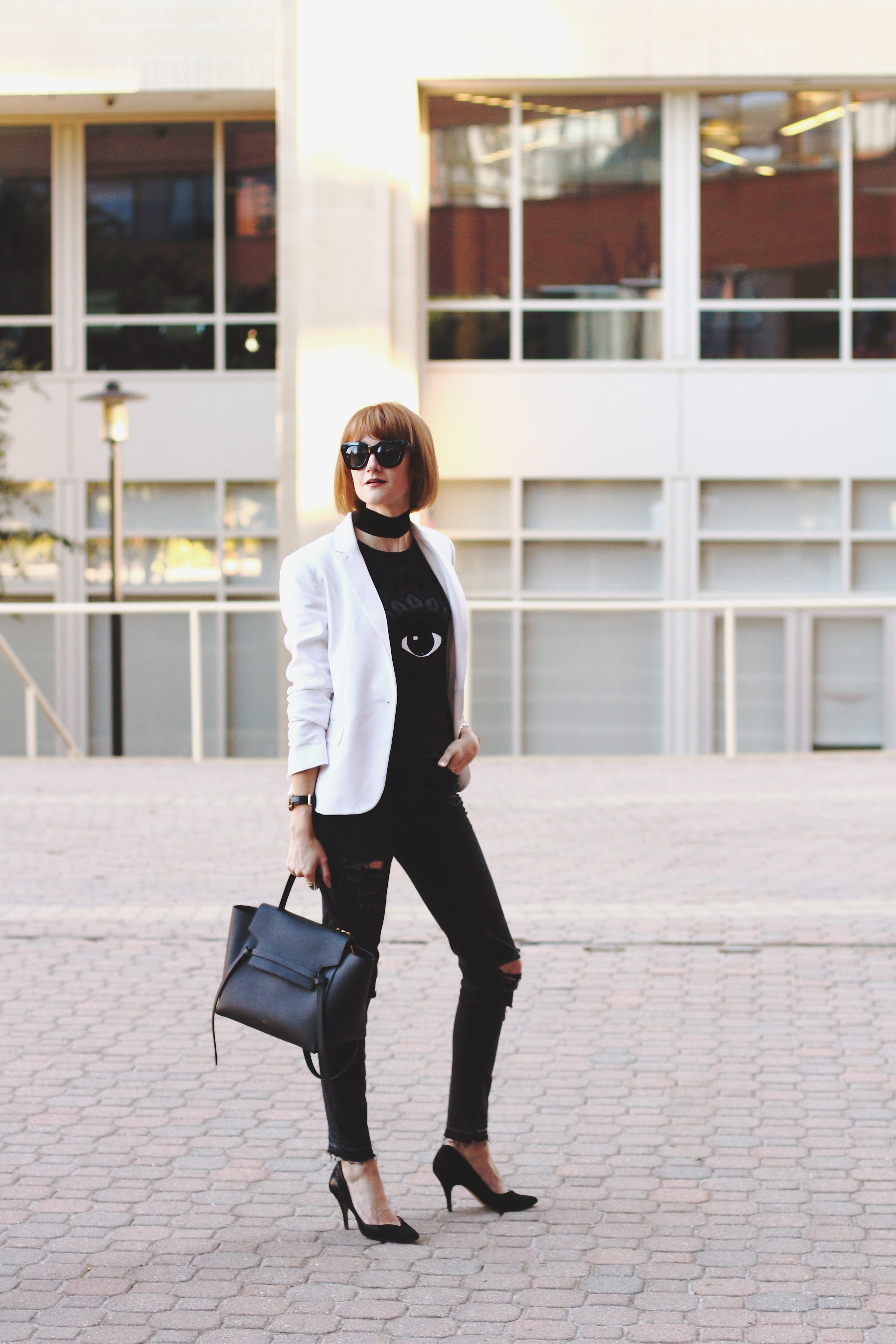 Kenzo t-shirt, white blazer and black denim