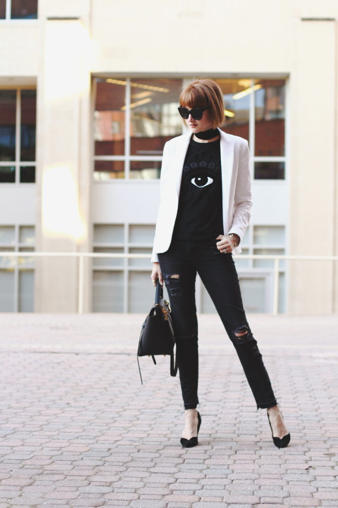 Kenzo t-shirt, white blazer and black denim