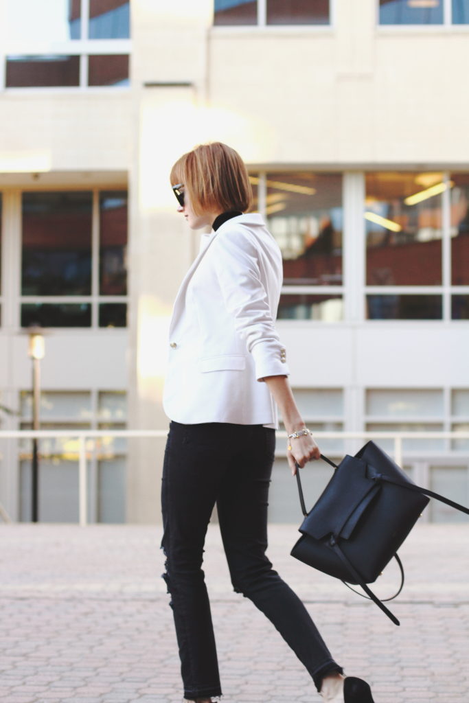 white blazer, black denim and Celine belt bag