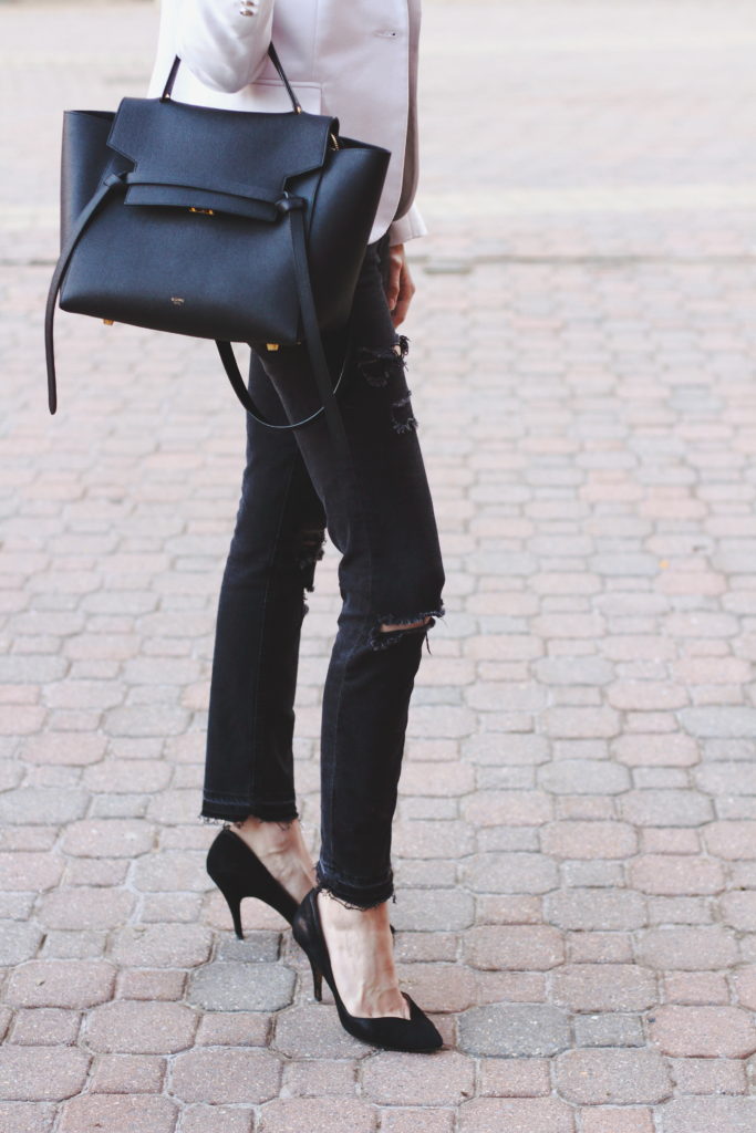 white blazer, black denim and Celine belt bag