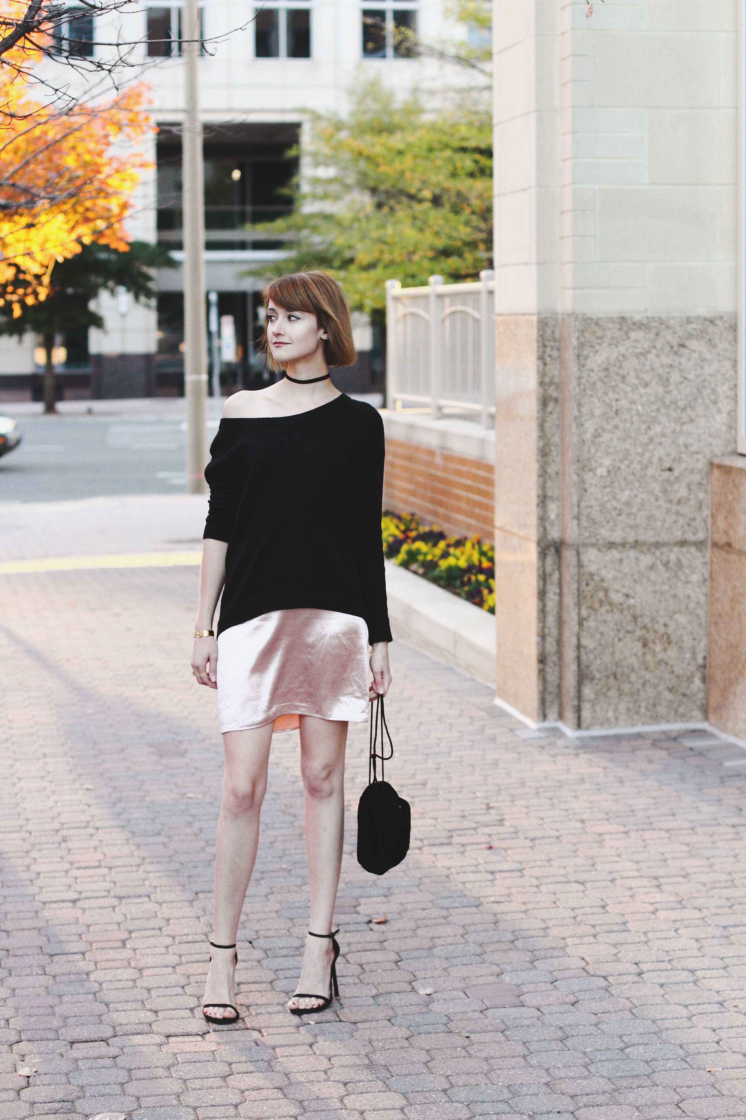 slip dress and off-the-shoulder sweater