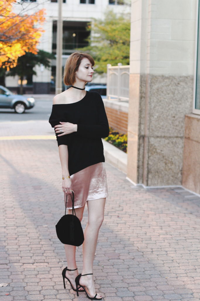 slip dress and off-the-shoulder sweater