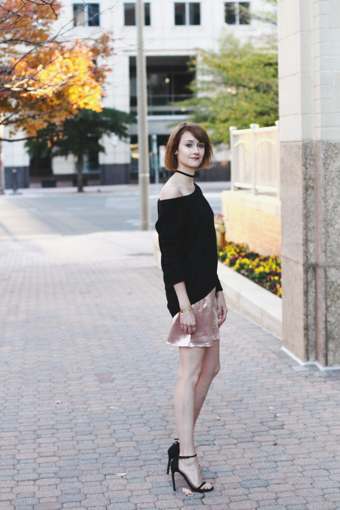 slip dress and off-the-shoulder sweater