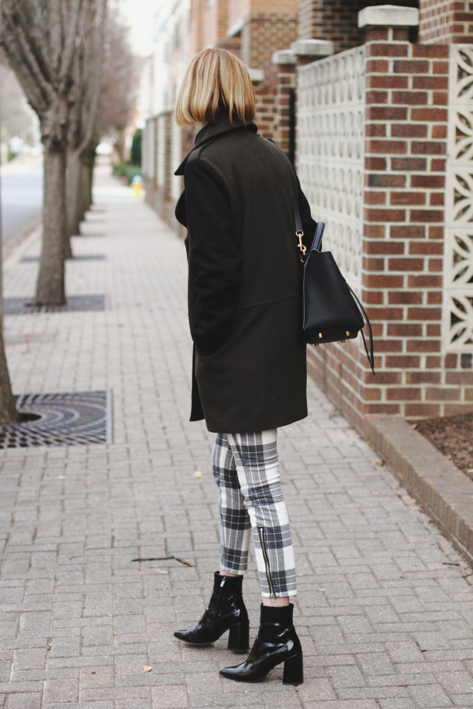 two-tone coat, plaid skinny pants, & ankle boots