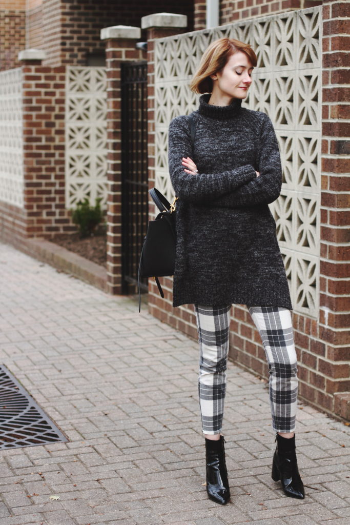 oversized knit, plaid skinny pants, & ankle boots
