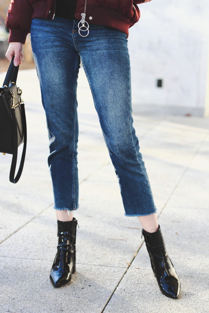 cropped denim, patent boots & Celine bag