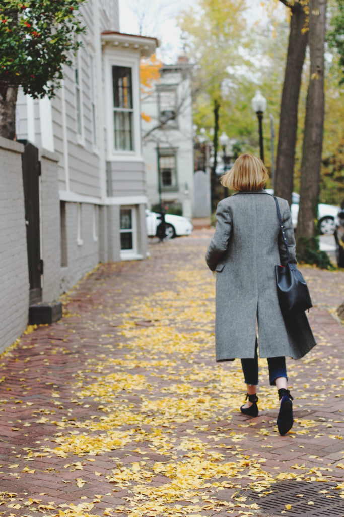 long gray coat and bell sleeve sweater