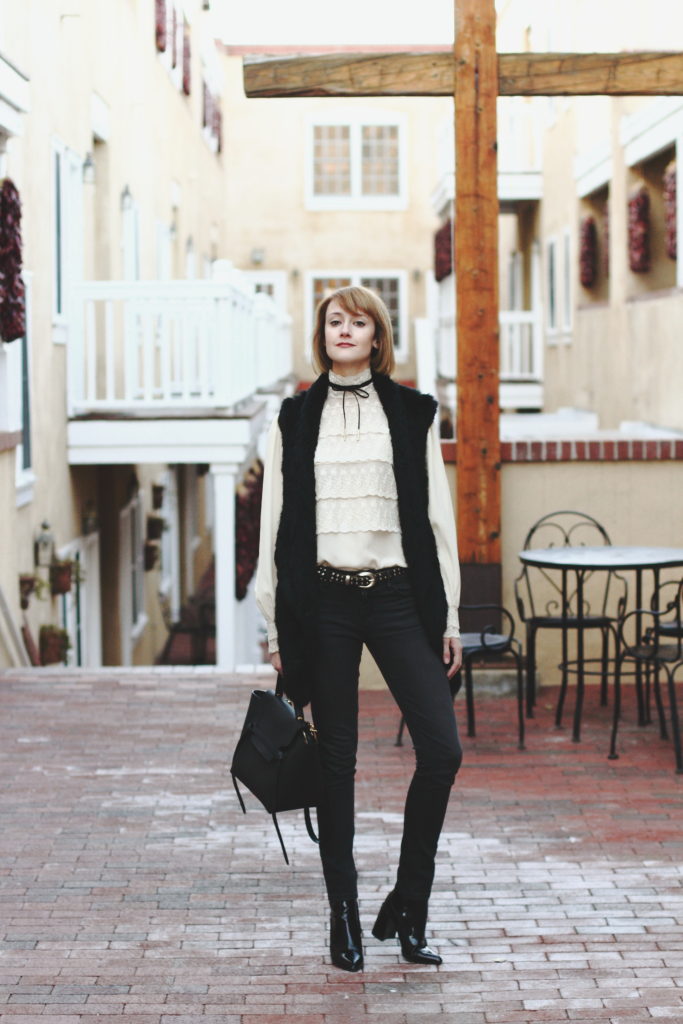 vintage lace blouse, fur vest, denim, and ankle boots