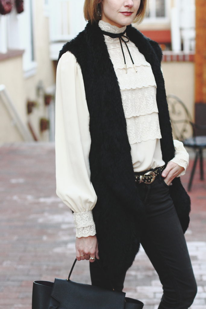 vintage lace blouse, tie choker, and fur vest