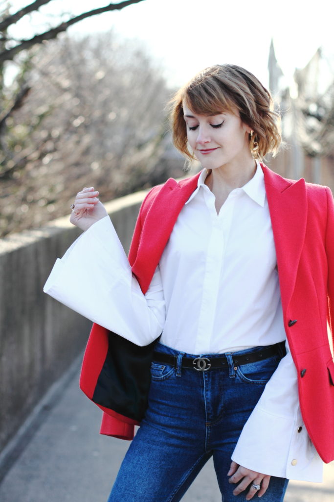 bell sleeve button-down and red blazer