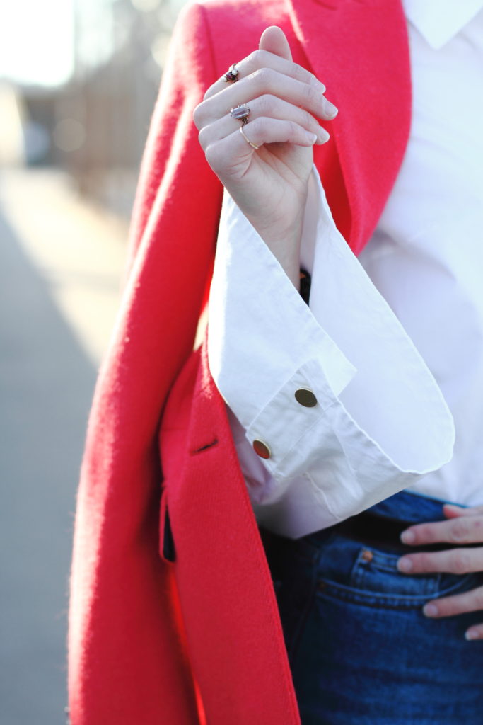 bell sleeve button-down and red blazer