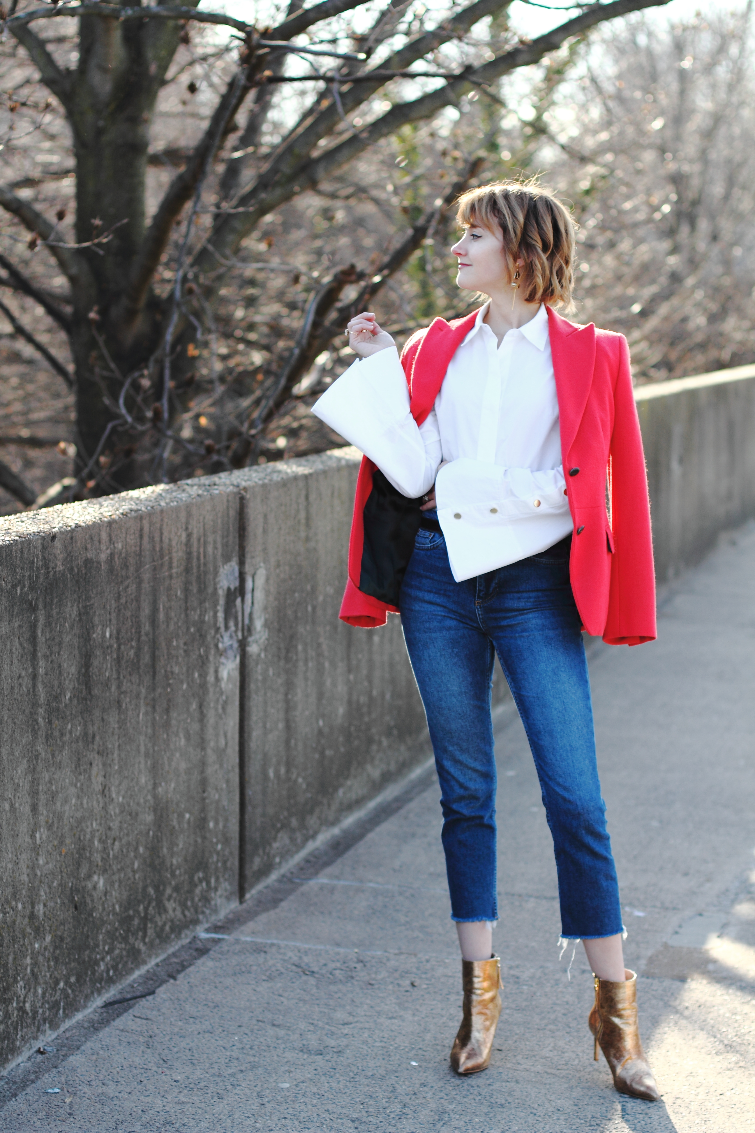 bell sleeve button-down, red blazer and cropped denim