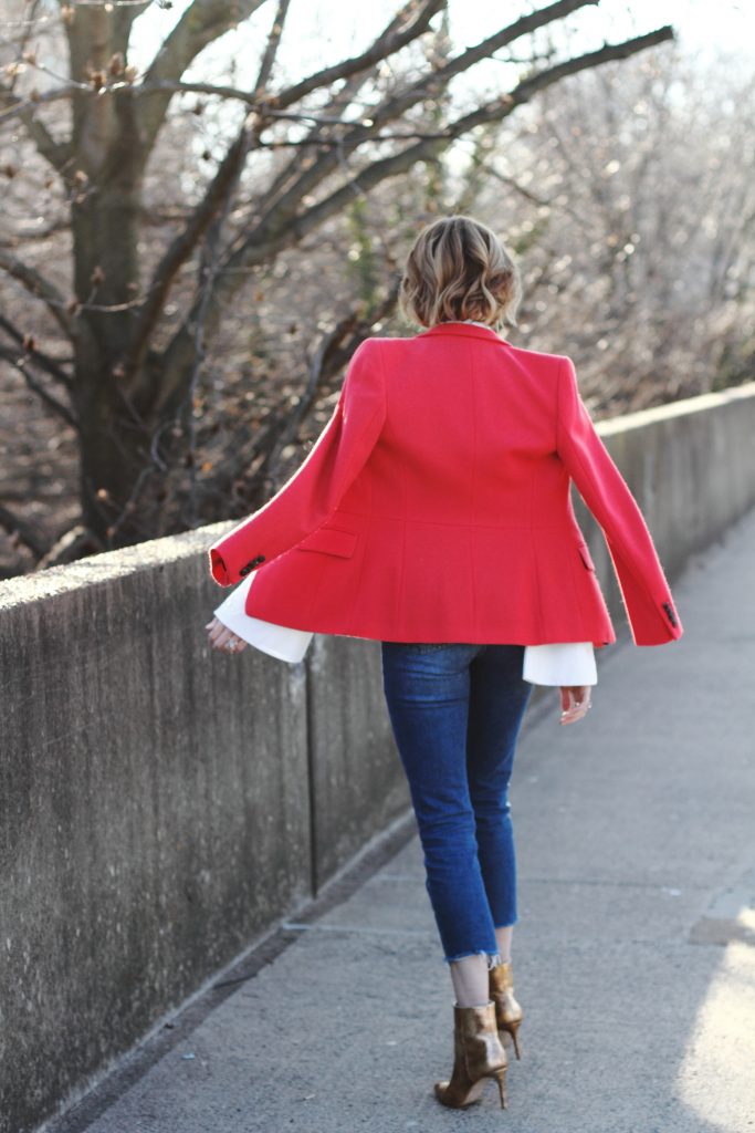 red blazer, cropped denim and gold boots