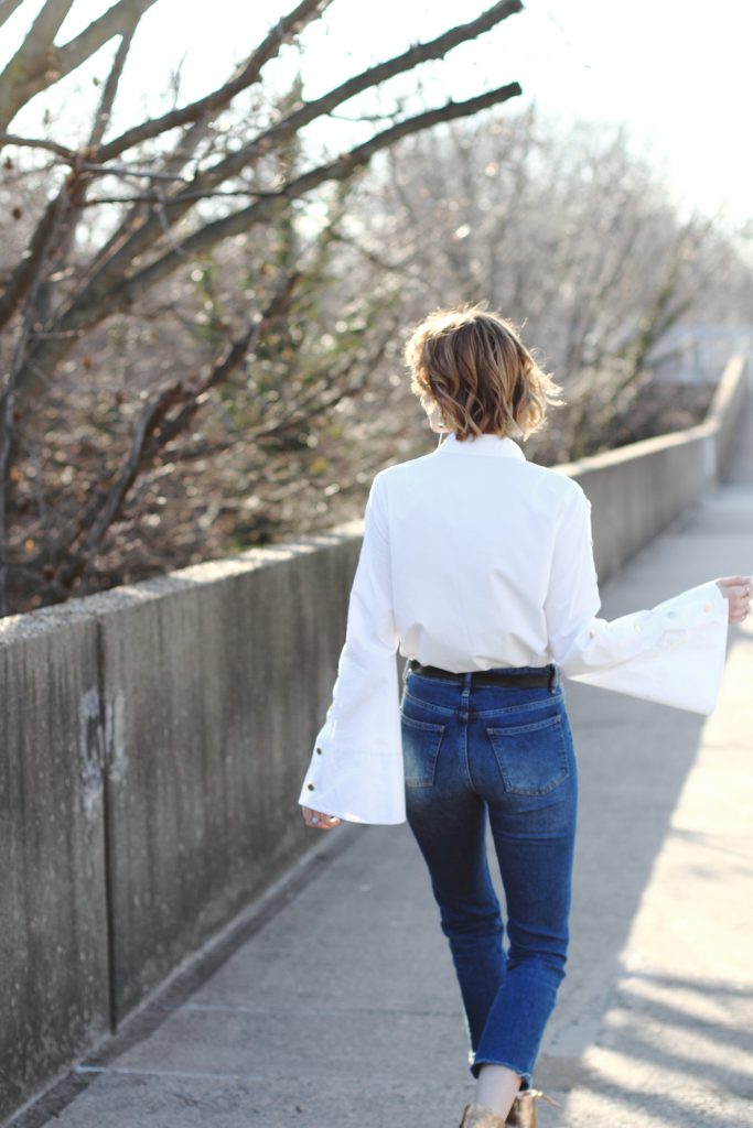 Pixie Market bell sleeve button-down and cropped denim