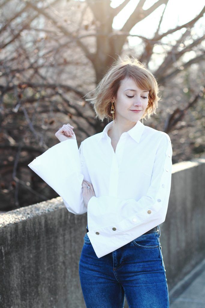 bell sleeve button-down and Gucci belt