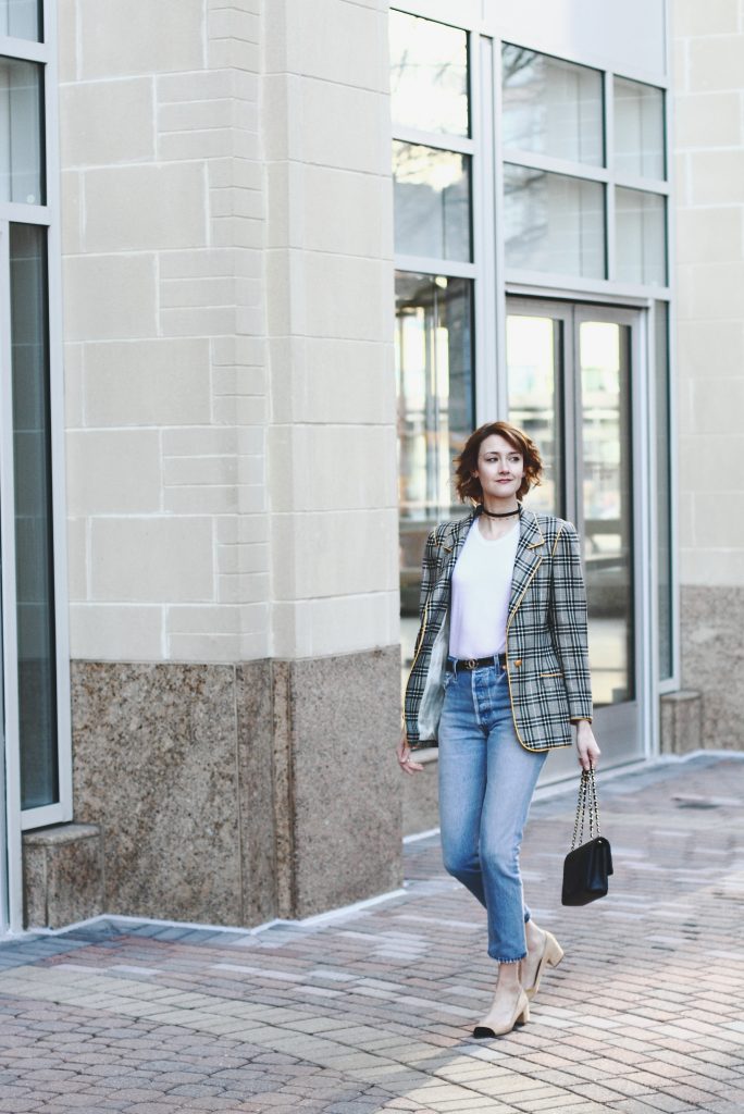 vintage Ungaro blazer, Reformation t-shirt, Re/Done denim, and Chanel bag