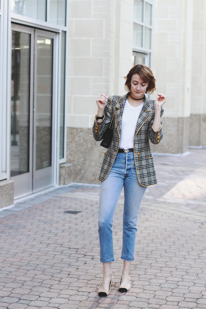 vintage Ungaro blazer, Reformation t-shirt, Re/Done denim, and Chanel bag