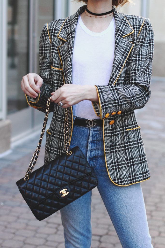 vintage Ungaro blazer, Reformation t-shirt, Re/Done denim, and Chanel bag