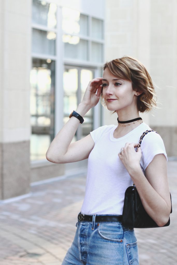 double chokers, Reformation t-shirt, Gucci belt and Re/Done denim