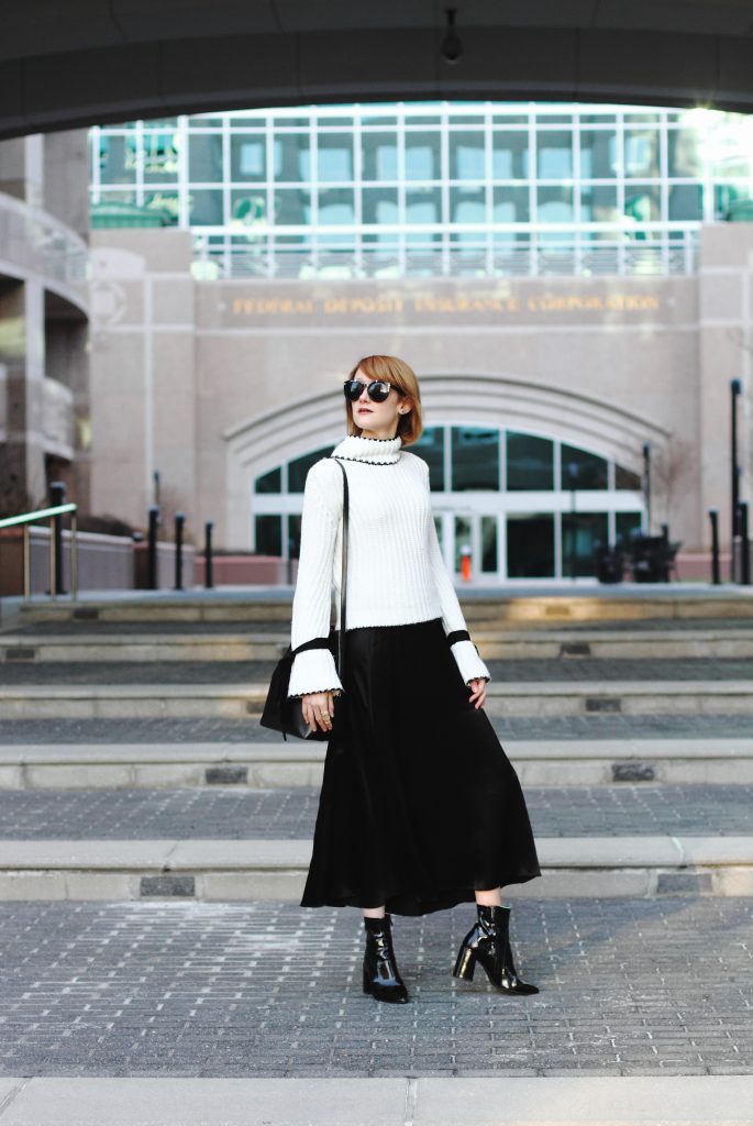 flare sleeve sweater, satin skirt and patent ankle boots