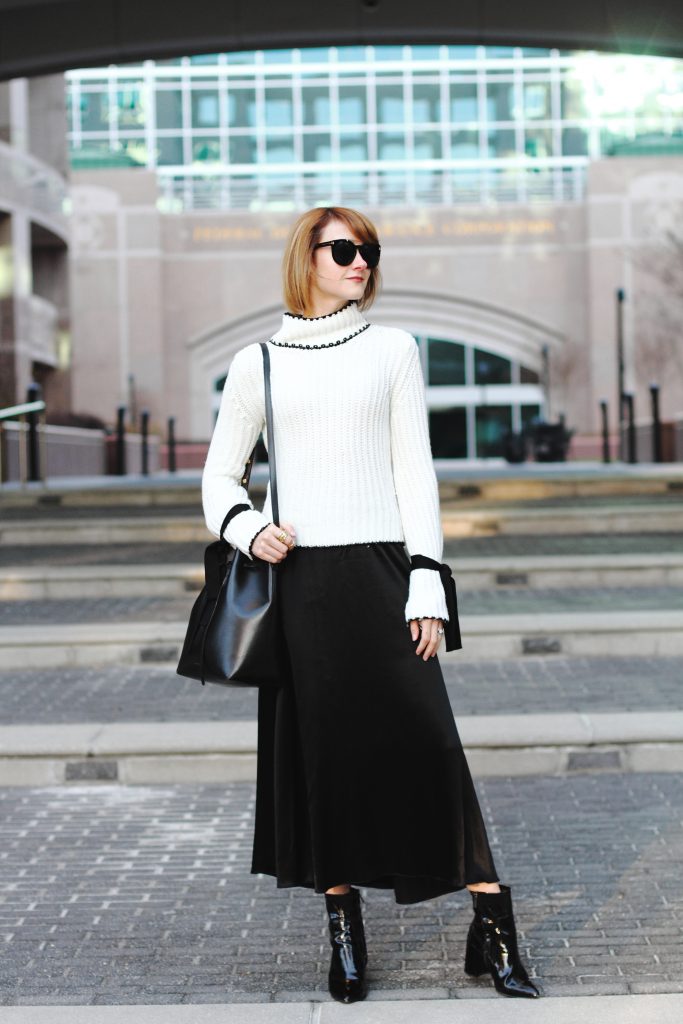 flare sleeve sweater, satin skirt and patent ankle boots