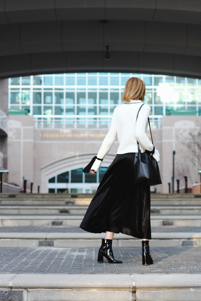 flare sleeve sweater, satin skirt and patent ankle boots