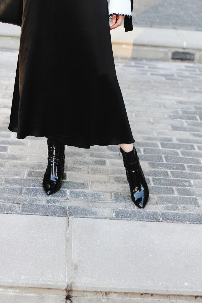 satin skirt and Mango patent ankle boots