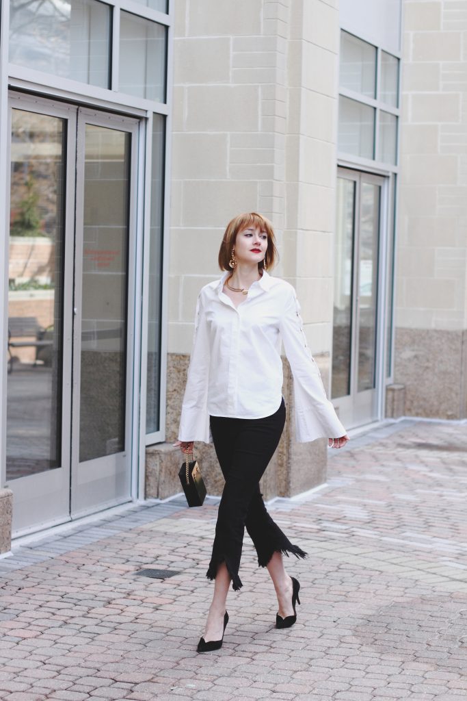 flare sleeve button-down, cropped denim, vintage mini bag