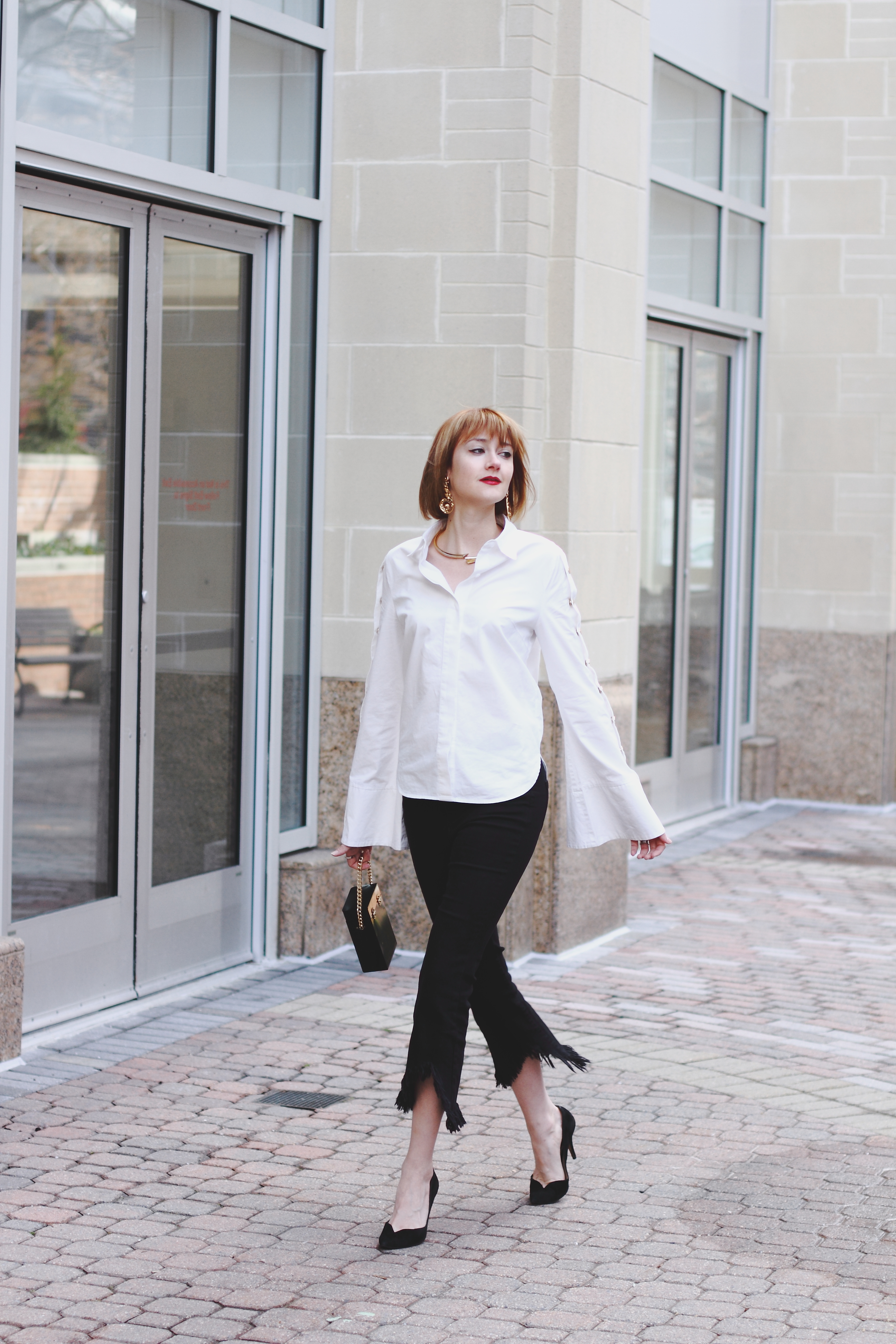 flare sleeve button-down, cropped denim, vintage mini bag