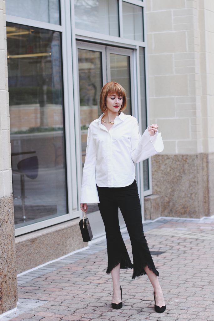 flare sleeve button-down, cropped denim, vintage mini bag