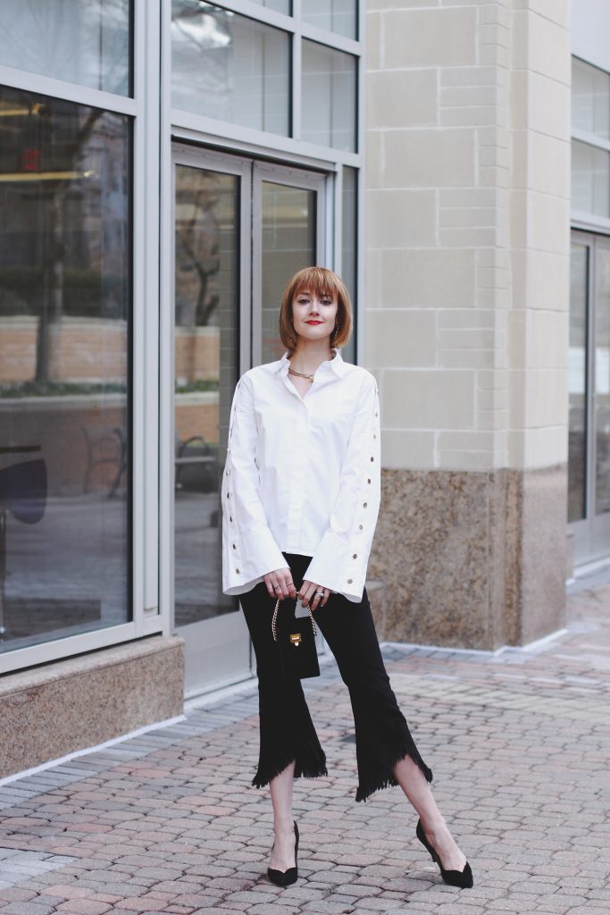 flare sleeve button-down, cropped denim, vintage mini bag