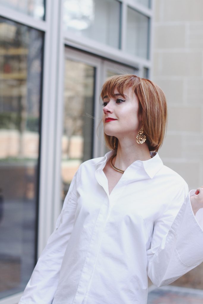 flare sleeve button-down, cropped denim, vintage mini bag