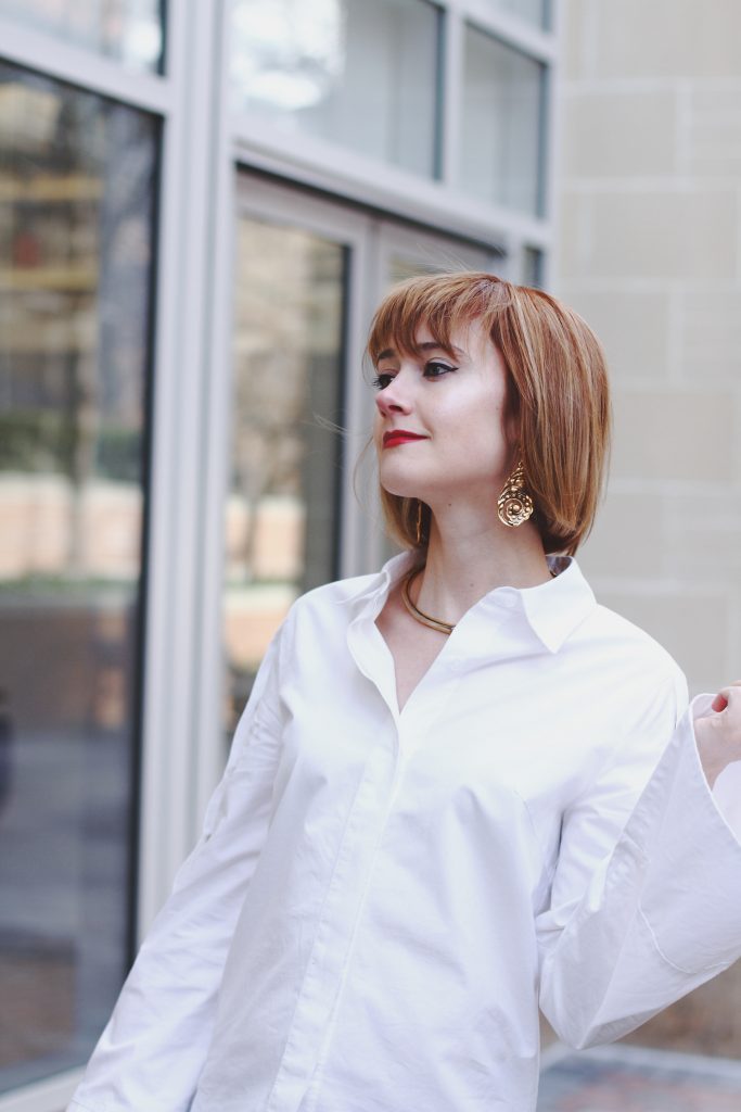 flare sleeve button-down, cropped denim, vintage mini bag