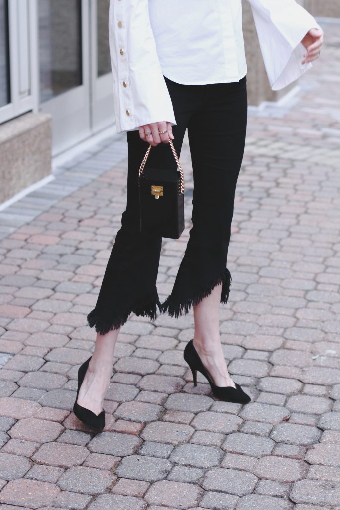 flare sleeve button-down, cropped denim, vintage mini bag