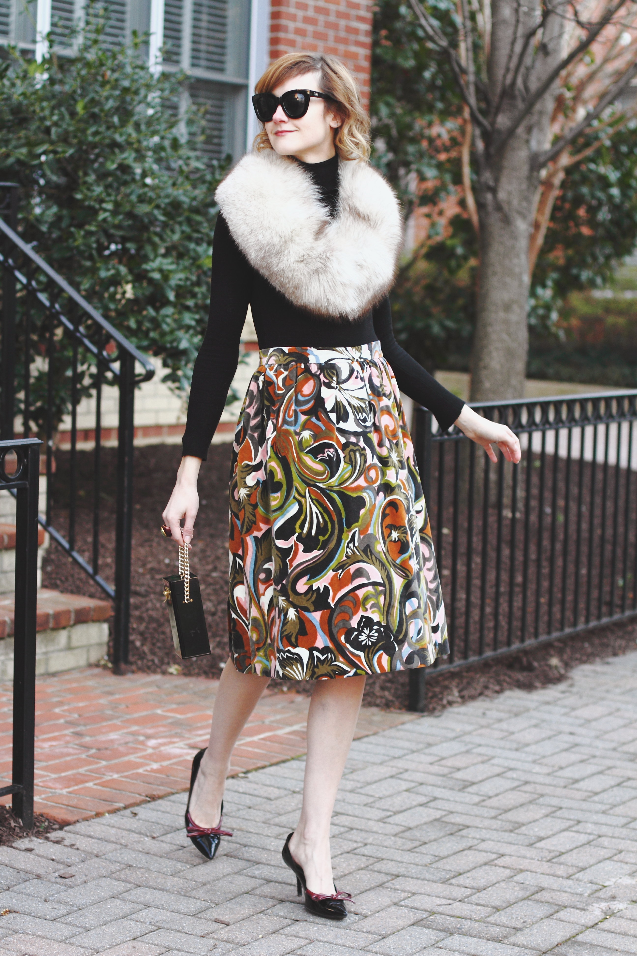 vintage stole, Zara turtleneck, vintage skirt and Prada pumps