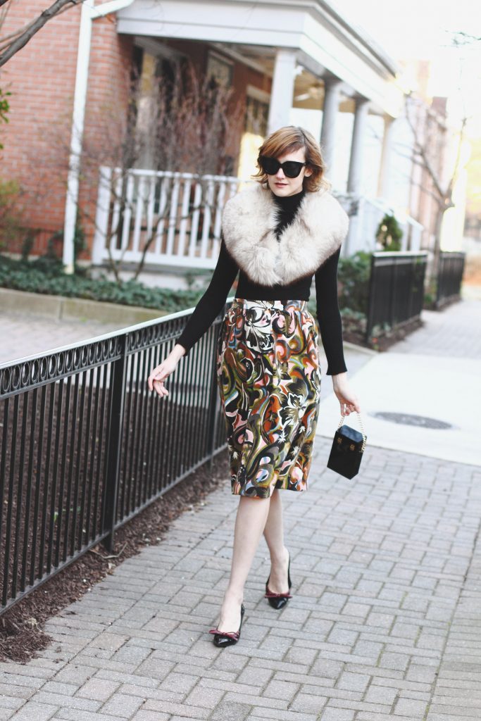 vintage stole, Zara turtleneck, vintage skirt and Prada pumps