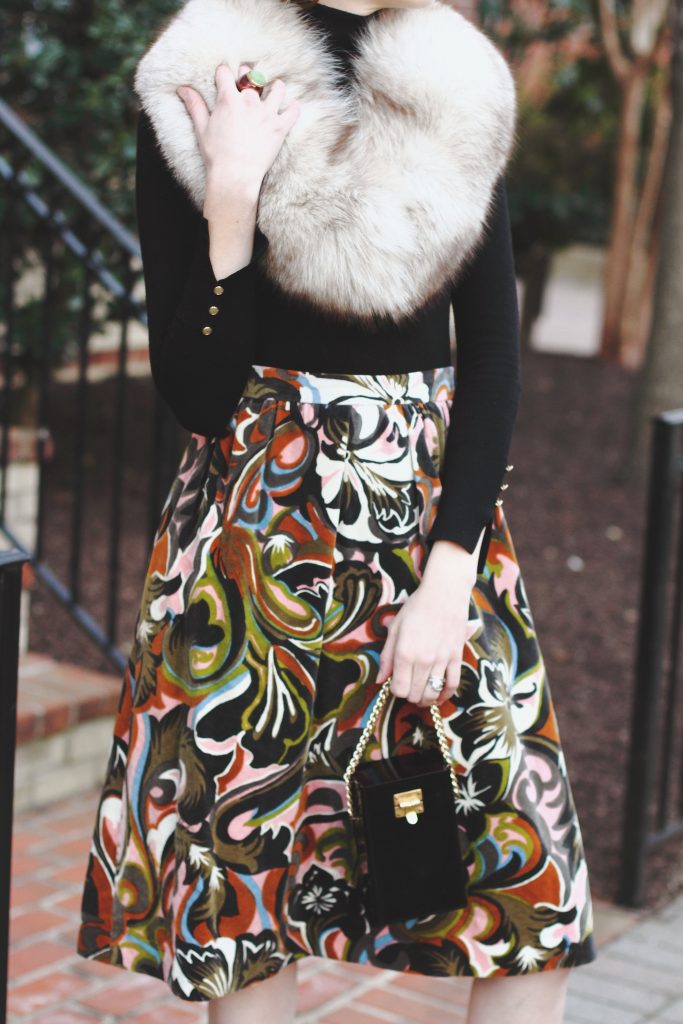 vintage stole, Zara turtleneck, print skirt, and vintage evening bag
