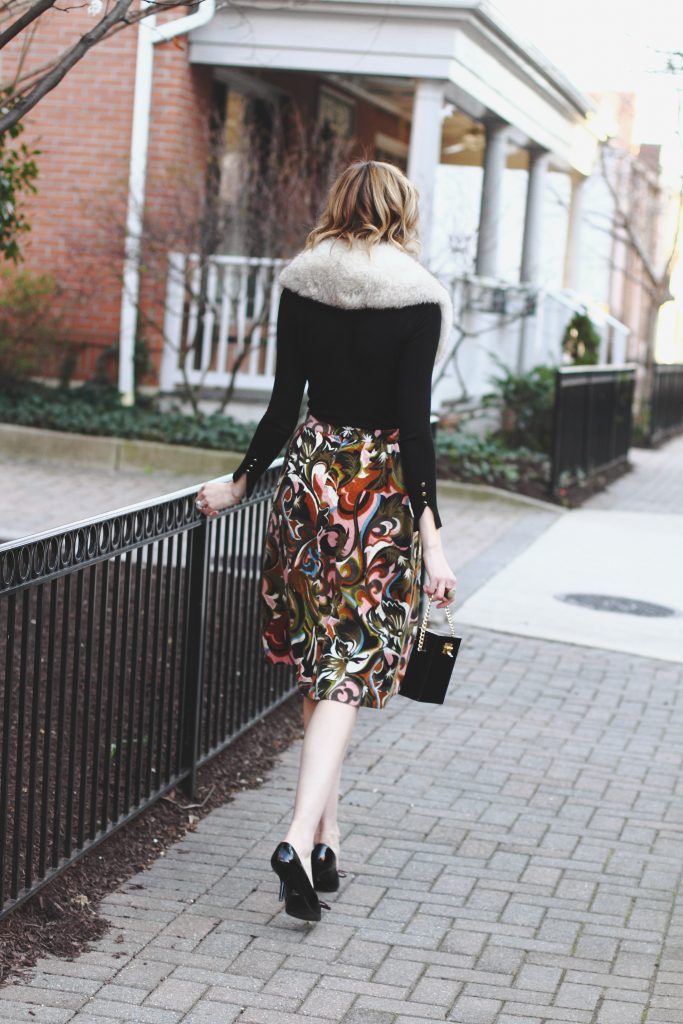 vintage stole, Zara turtleneck, vintage skirt and Prada pumps