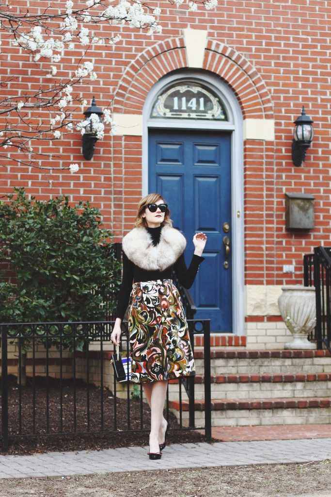 vintage stole, Zara turtleneck, vintage skirt and Prada pumps